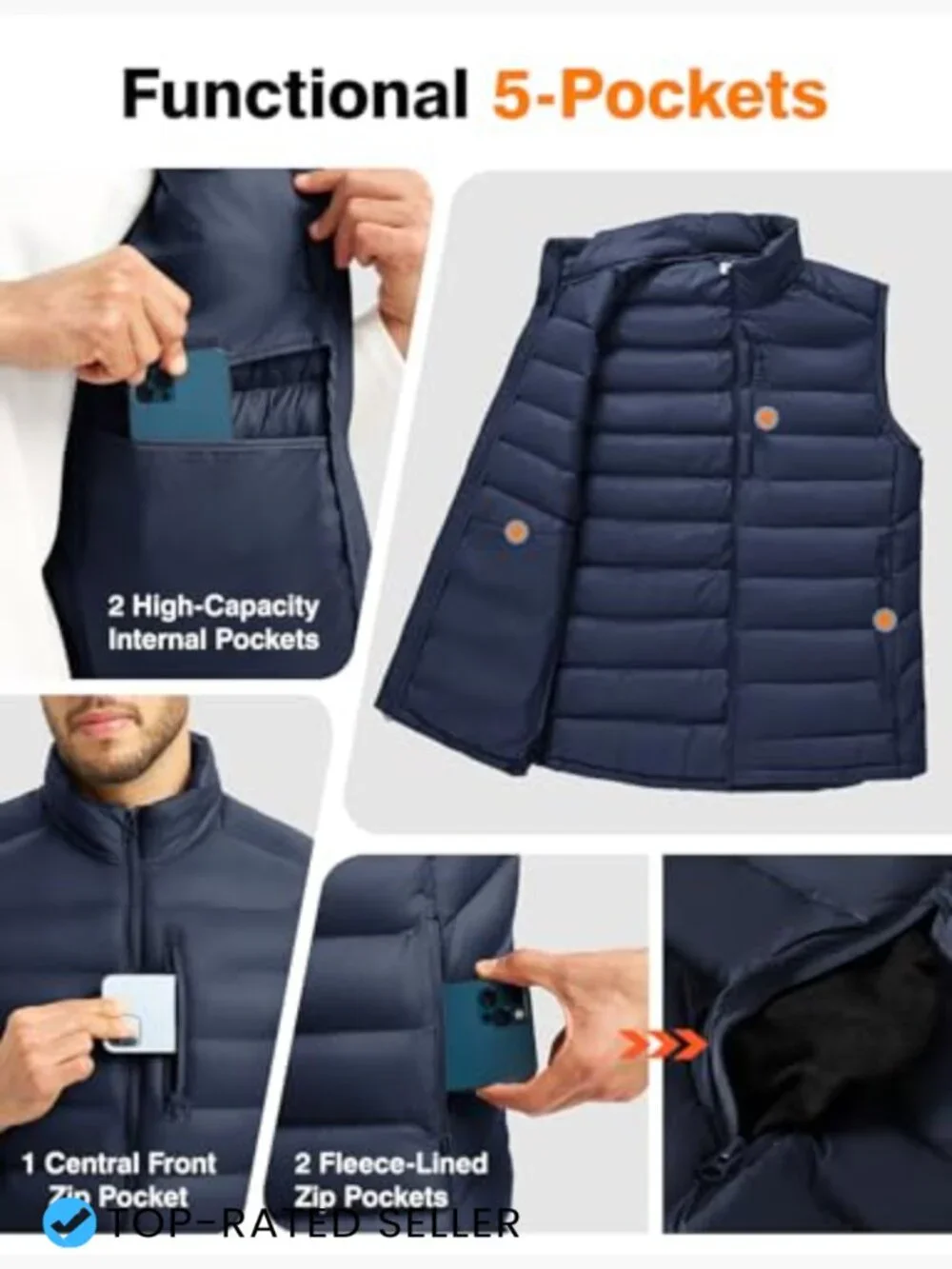 Men's Quilted Puffer Vest Insulated Water-Resistant Lightweight Packable Stand